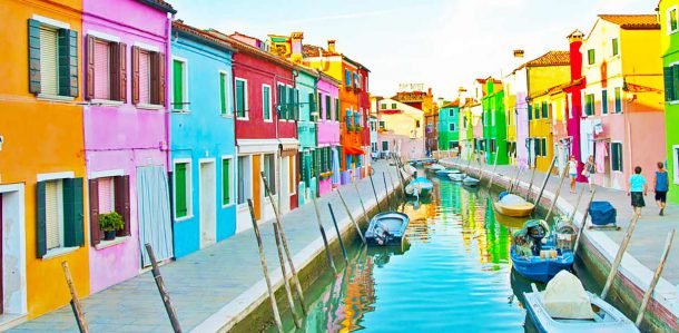 The colourful buildings on Burano Island in Venice, Italy.