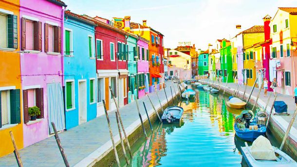The colourful buildings on Burano Island in Venice, Italy.